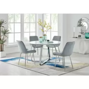 Image of Santorini White Round Dining Table And 4 Grey Pesaro Silver Leg Chairs - Elephant Grey