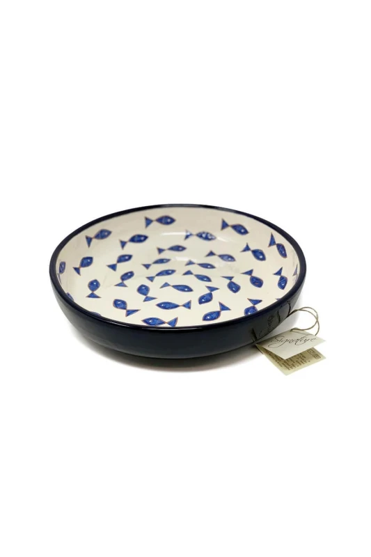 Image of Verano Spanish Ceramics Signature Blue & White Fish Hand Painted Ceramic Kitchen Dining Large Bowl (Diam) 27cm Blue Unisex