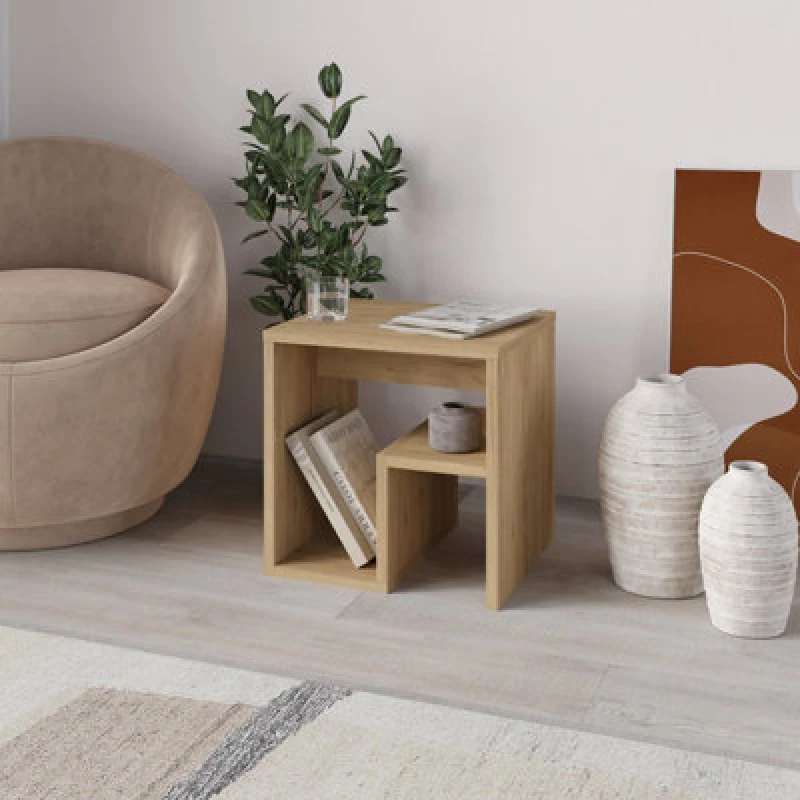 Image of Decortie Bon Square End Table Open Shelf Storage, G-Shaped Coffee Table 40X40Cm Chipboard For Living Room Bedroom (Oak)
