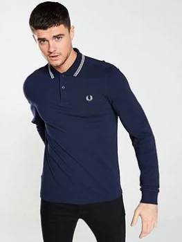 Image of Fred Perry Long Sleeved Twin Tipped Polo Shirt - Navy, Cranberry=Navy, Size L, Men
