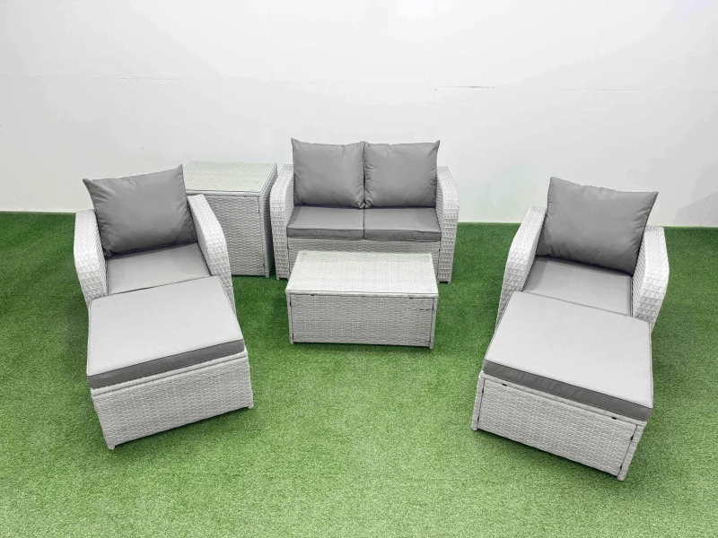 Image of Fimous Light Grey PE Wicker Rattan Garden Furniture Set Sofa Set Reclining Adjustable Chair Rectangular Coffee Table 6 Seater 3 Big Stools Side Table