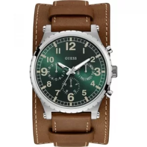 Image of GUESS Gents silver watch with green dial and leather strap with removable cuff.