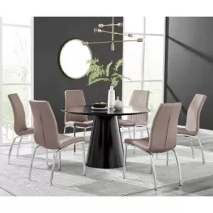 Image of Furniture Box Palma Black Semi Gloss Round Dining Table and 6 Cappuccino Isco Chairs