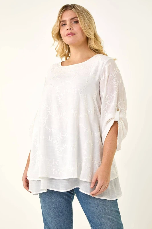Image of Roman Womens Curve Embroidered Asymmetric Layer Top in Ivory Size: 22-24 Ivory Female 22-24