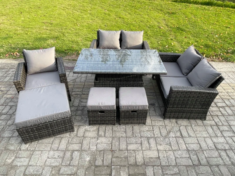 Image of Fimous Outdoor Rattan Patio Furniture Set Garden Lounge Sofa Set with Rising Lifting Table 3 Footstools Dark Grey Mixed Dark Grey Unisex