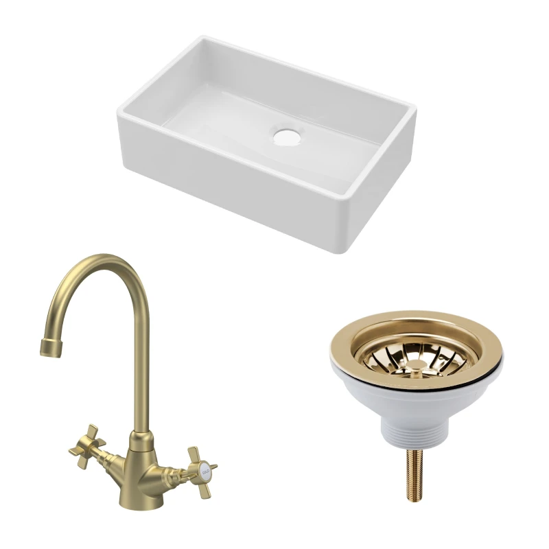 Image of Balterley Fireclay 1 Bowl Butler Sink Waste Crosshead Tap Brushed Brass 795mm Bronze