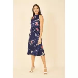 Image of Yumi Navy Satin Crane Print Halter Neck Dress - Blue