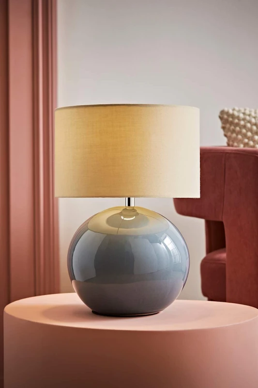 Image of ValueLights Bosco Eucalyptus Teal Globe Ceramic Table Lamp with Fabric Lamp Shade Natural