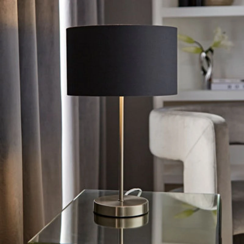 Image of ValueLights ValueLights Charlie Chrome Stem Table Lamp with Fabric Drum with Chrome Inner Lamp Shade in Charcoal Charcoal One Size Unisex 505940606060
