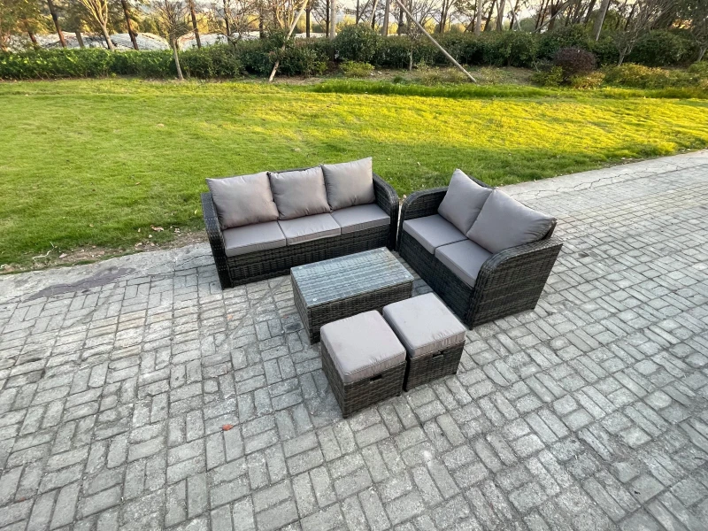Image of FIMOUS Fimous 7 Seater Rattan Wicker Garden Furniture Patio Conservatory Sofa Set with Rectangular Coffee Table 3 Seater Sofa Love Sofa 2 Small Footst