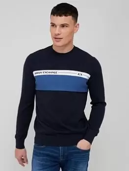 Image of Armani Exchange Colourblock Crew Neck Jumper, Navy, Size L, Men