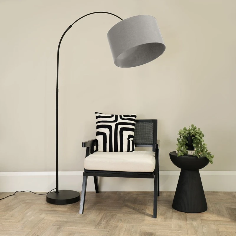 Image of ValueLights Louis Black Arched Curved Floor Lamp with Fabric Drum Lamp Shade Grey