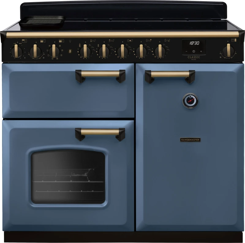 Image of Rangemaster CLDL100EIPSTB/AB1 Classic Deluxe 100cm Induction Range Cooker Antique Brass Trim 18313 - STONE Blue CLDL100EIPSTB/AB1