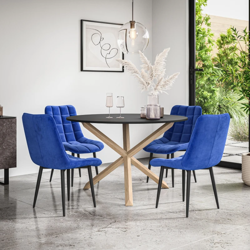Image of More4Homes Malvern Round Dining Table And Chairs - Black Table Top W Solid Oak Legs + Nova Velvet Dining Chair Set Of 4 (Blue)