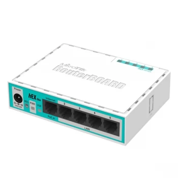 Image of MikroTik 5 x Fast Ethernet, 6 - 30V, 64MB RAM, CPU 850MHz, 2W max, PoE in, White UK Plug