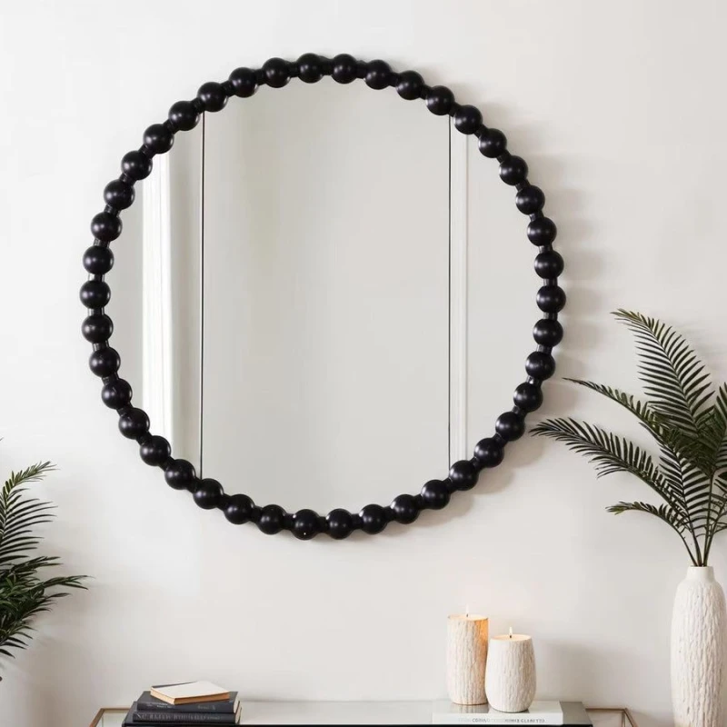 Image of Home Garden Direct Como - Large Round Beaded Wall Mirror 90cm in Jet Black Jet Black Unisex