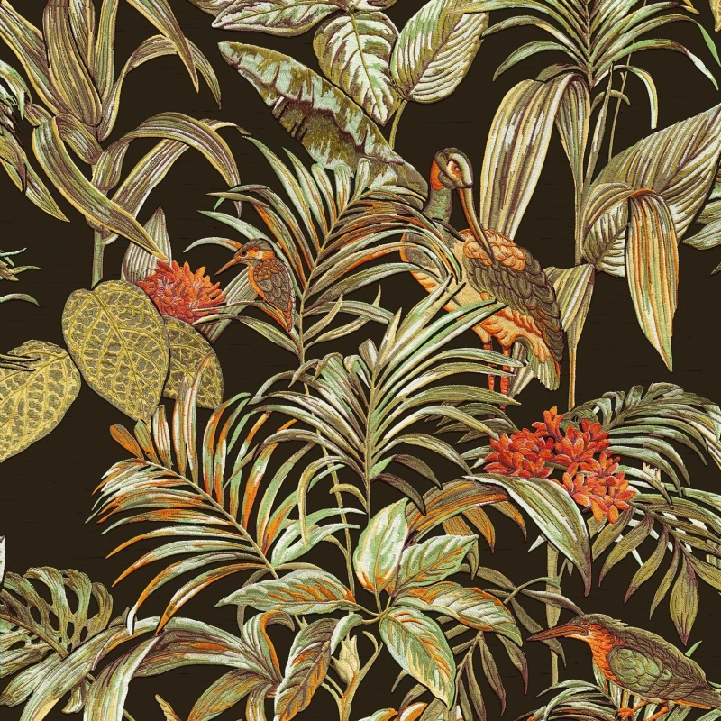 Image of DUTCH WALLCOVERINGS Dutch Wallcoverings - Black Tropical Wallpaper Birds Palm Textured Green Orange Paste the Wall Vinyl 8809660031711