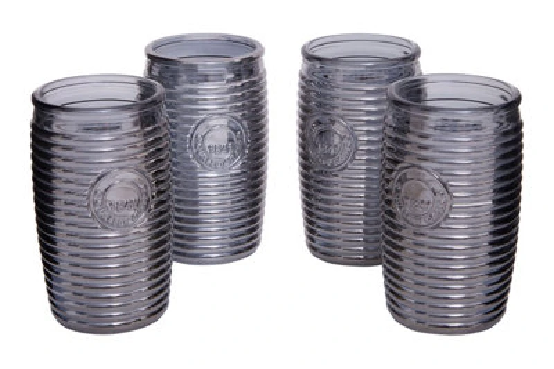 Image of Orsina Set Of 4 Grey Ribbed Glass Tumblers, Stylish Set Of 4 Glasses, Ribbed Glassware Set, Grey Drinking Glasses