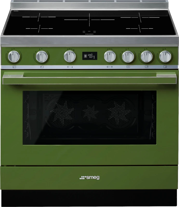 Image of Smeg Portofino CPF9iPOG 90cm wide Electric Range Cooker with Induction Hob and Pyrolytic Cleaning - Olive Green - A+ Rated, Green