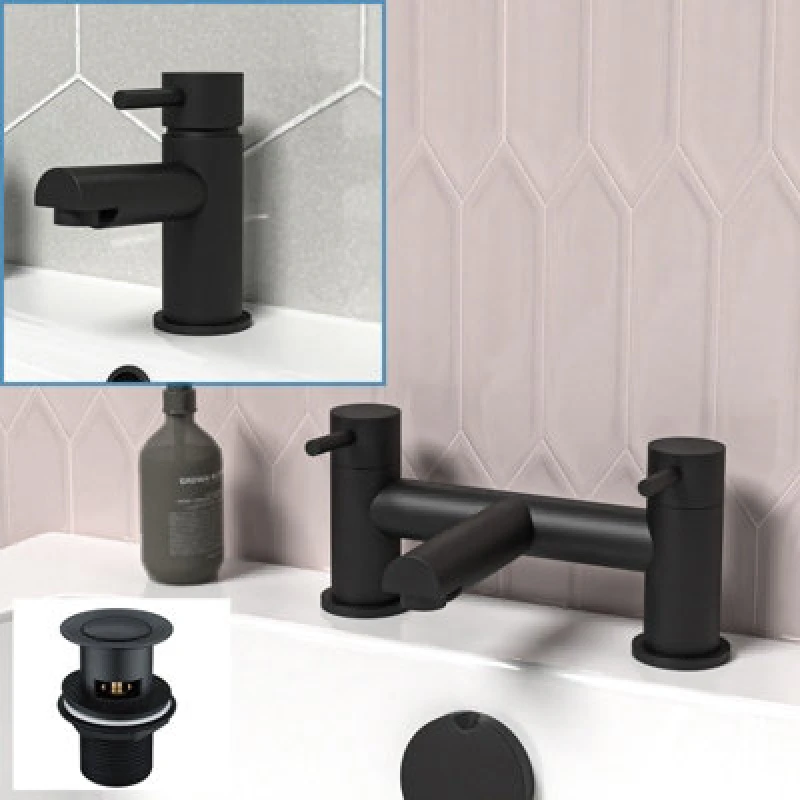 Image of Nes Home Basin Single Lever Mixer Tap, Bath Filler Mixer Tap Matt Black & Waste