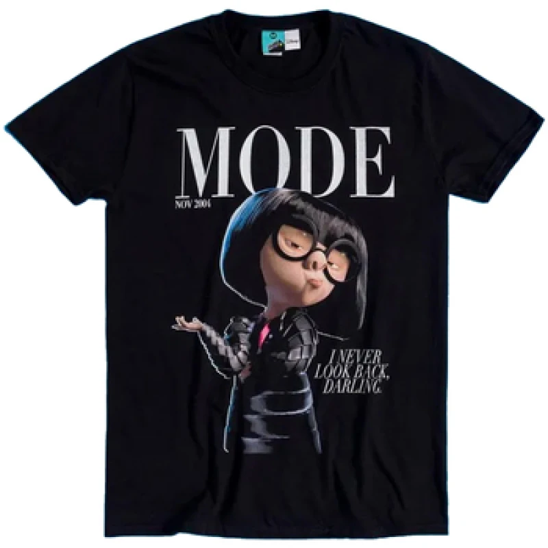 Image of The Incredibles I Never Look Back Darling Edna Mode T-Shirt in Black Size: Large Black Unisex L