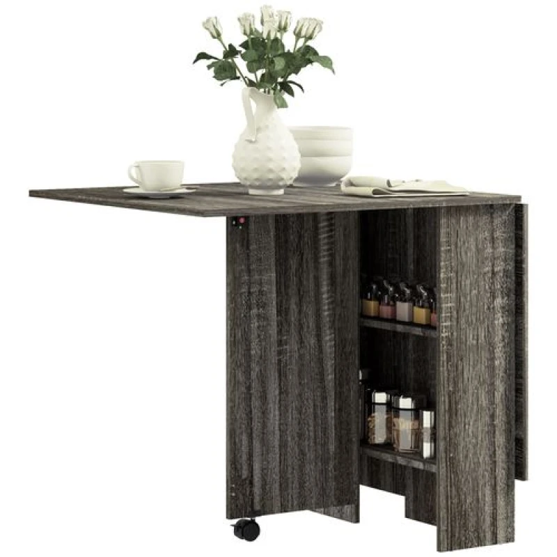 Image of HOMCOM Mobile Drop Leaf Dining Table Folding Desk w/ 2 wheels Storage Shelves 835-058V01GY