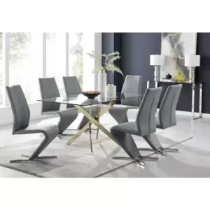 Image of Furniturebox Leonardo 150cm Modern Glass And Gold Metal Dining Leg Table And 6 Elephant Grey Willow Faux Leather Silver Chrome Feet Dining Chairs