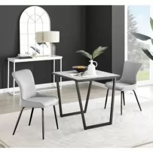 Image of Furniturebox UK - Furniturebox Carson White Marble Effect Square Dining Table & 2 Light Grey Nora Black Leg Velvet Chairs