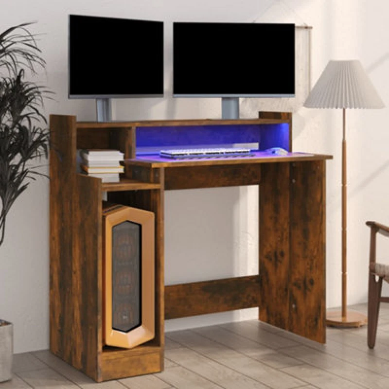 Image of vidaXL Desk with LED Lights Smoked Oak 97x45x90cm Engineered Wood, Brown 820475