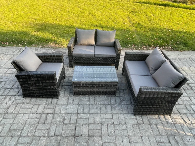 Image of Fimous Wicker Rattan Garden Furniture Sofa Set with Rectangular Coffee Table Double Seat Sofa Chair 5 Seater Outdoor Rattan Set in Dark Grey Dark Grey