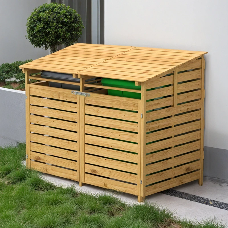 Image of Breeins Outdoor Wood Garbage Can Garden Storage Shed Brown unisex One size