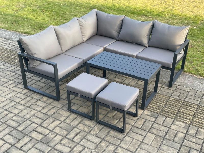Image of Fimous Aluminium Outdoor Garden Furniture Set Lounge Sofa Coffee Table Sets with 2 Small Footstools Indoor Conservatory Set Dark Grey Dark Grey Unisex