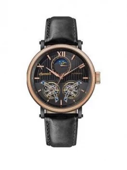 Image of Ingersoll Ingersoll Hollywood Black And Rose Gold Detail Moonphase Automatic Dial Black Leather Strap Watch