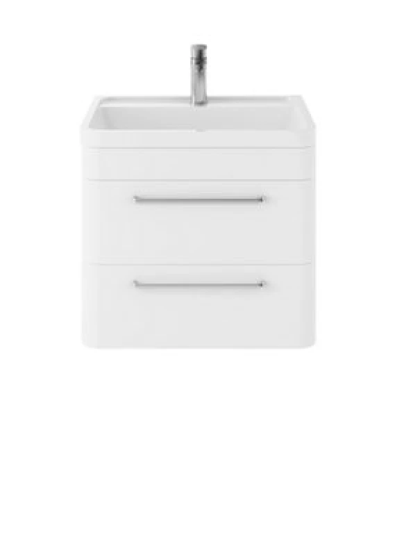 Image of Nuie Hudson Reed Solar Wall Hung Vanity Unit With Polymarble Basin, Modern 2 Drawer Bathroom Sink Vanity Unit In Pure White, 600mm