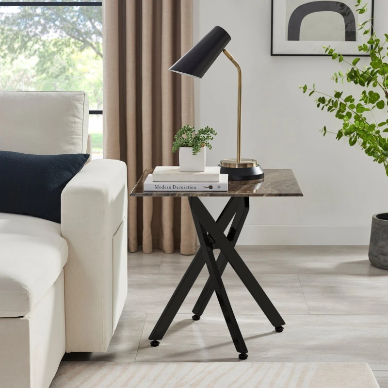 Image of FurnitureboxUK FurnitureboxUK Leonardo Square Marble Effect Glass Top Side Table With Black Metal Starburst Legs in Grey Grey One Size Unisex 50565426