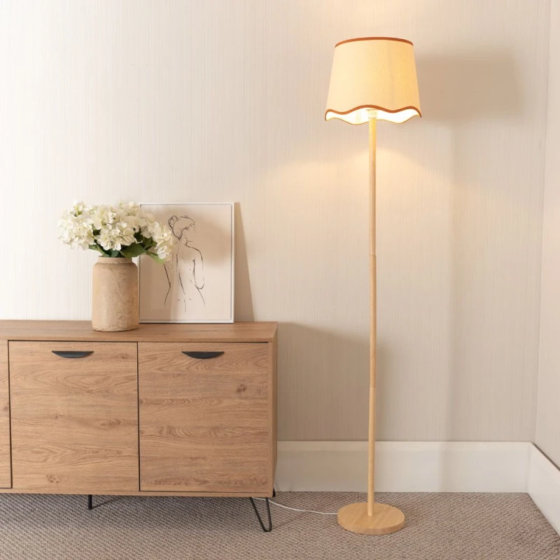 Image of ValueLights Heather Light Wood Single Stem Floor Lamp with Scallop Edge Tapered Lamp Shade Burnt Orange