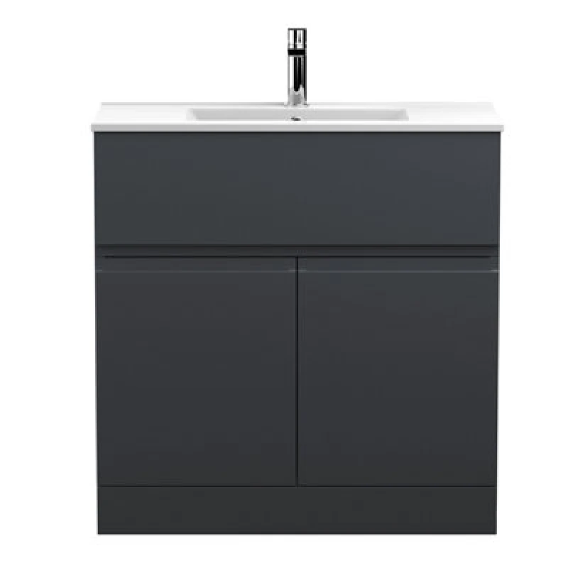 Image of Hudson Reed Urban Floor Standing 2 Door 1 Drawer Vanity Unit With Minimalist Basin, Modern Vanity Unit In Soft Black, 800mm