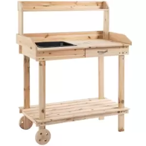 Image of Outsunny Wooden Potting Bench Work Table w/ 2 Wheels