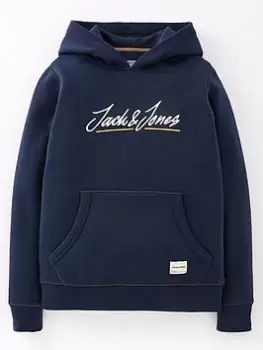 Image of Jack & Jones Junior Boys Script Embroidered Logo Hoodie - Navy, Size 10 Years