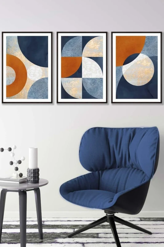 Image of ARTZE Geometric Abstract Textured Circles in Navy Blue Orange Gold Framed Wall Art - Medium in Black Size: W45cm x H62cm x D20mm Black Unisex W45