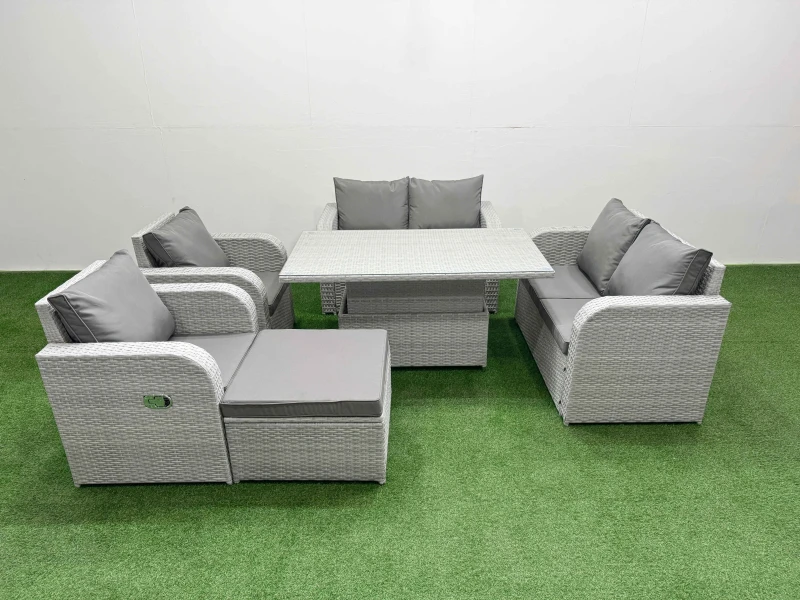 Image of Fimous 7 Seater Outdoor Reclining Chair Love Sofa Set Rattan Garden Furniture Set with Adjustable Lifting Dining or Coffee Table Footstool Light Grey