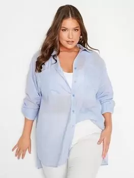 Image of Yours Pocket Oversized Shirt - Blue, Grey, Size 22-24, Women
