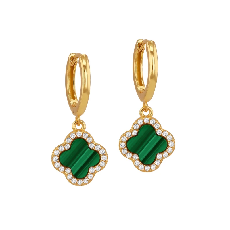 Image of Be You Silver Gold Plated Clover Malachite & CZ Huggys Yellow Gold Pla female One Size