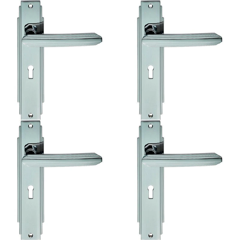 Image of Loops 4x PAIR Line Detailed Handle on Lock Backplate 205 x 45mm Polished Chrome Multi