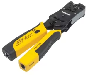 Image of Universal Modular Plug Crimping Tool and Cable Tester - 2-in-1 Crimper and Cable Tester: Cuts - Strips - Terminates and Tests - RJ45/RJ11/RJ12/RJ22 -