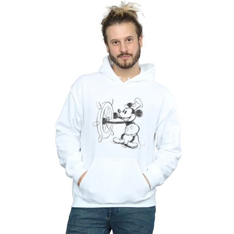 Image of Disney Men Mickey Mouse Steamboat Sketch Hoodie in White Size: Small White S Male 5059114520251