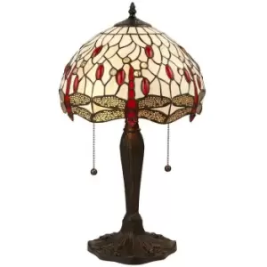 Image of Tiffany Glass Table Lamp Light Dark Bronze & Cream Red Dragonfly Shade i00189