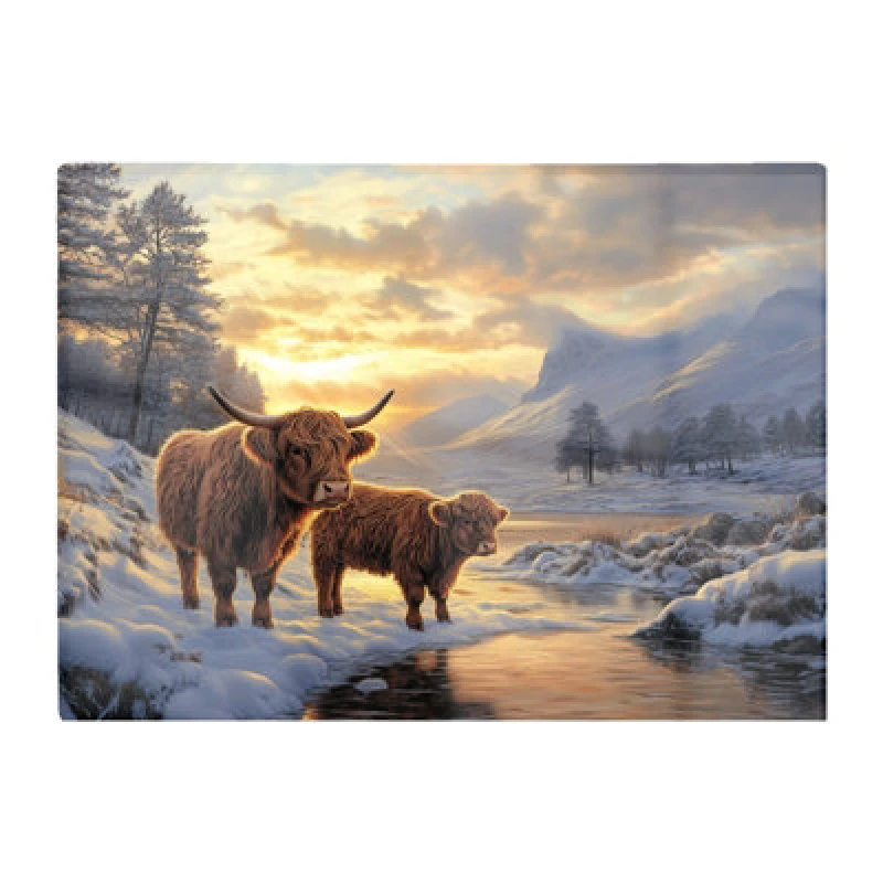 Image of Warren Reed Designer Highland Cows By The Lake Glass Chopping Board