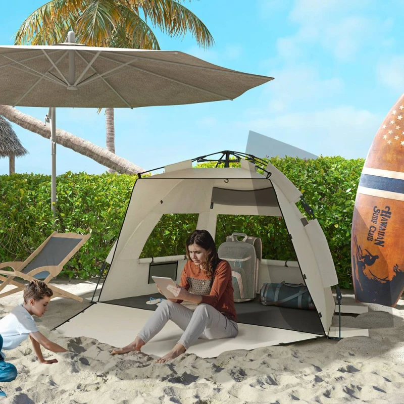 Image of Outsunny Pop Up Beach Tent for 2-3 Person with Carry Bag, UPF15+ Khaki