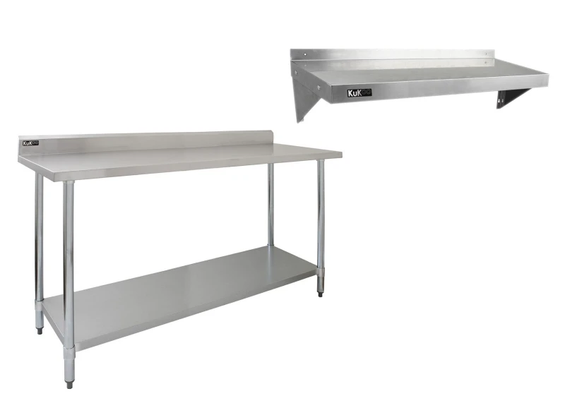 Image of MonsterShop 6ft Stainless Steel Catering Bench & 2 X Wall Mounted Shelves